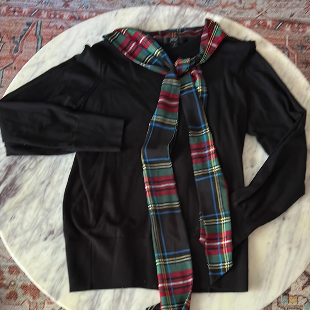 Black Merino Sweater with Plaid Scarf Accent